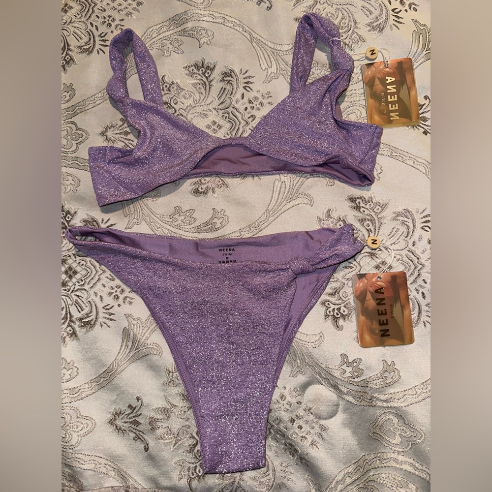 SOLD- OH POLLY Neena Kesor Twist Detail Bikini Set in Purple shimmer, S/M